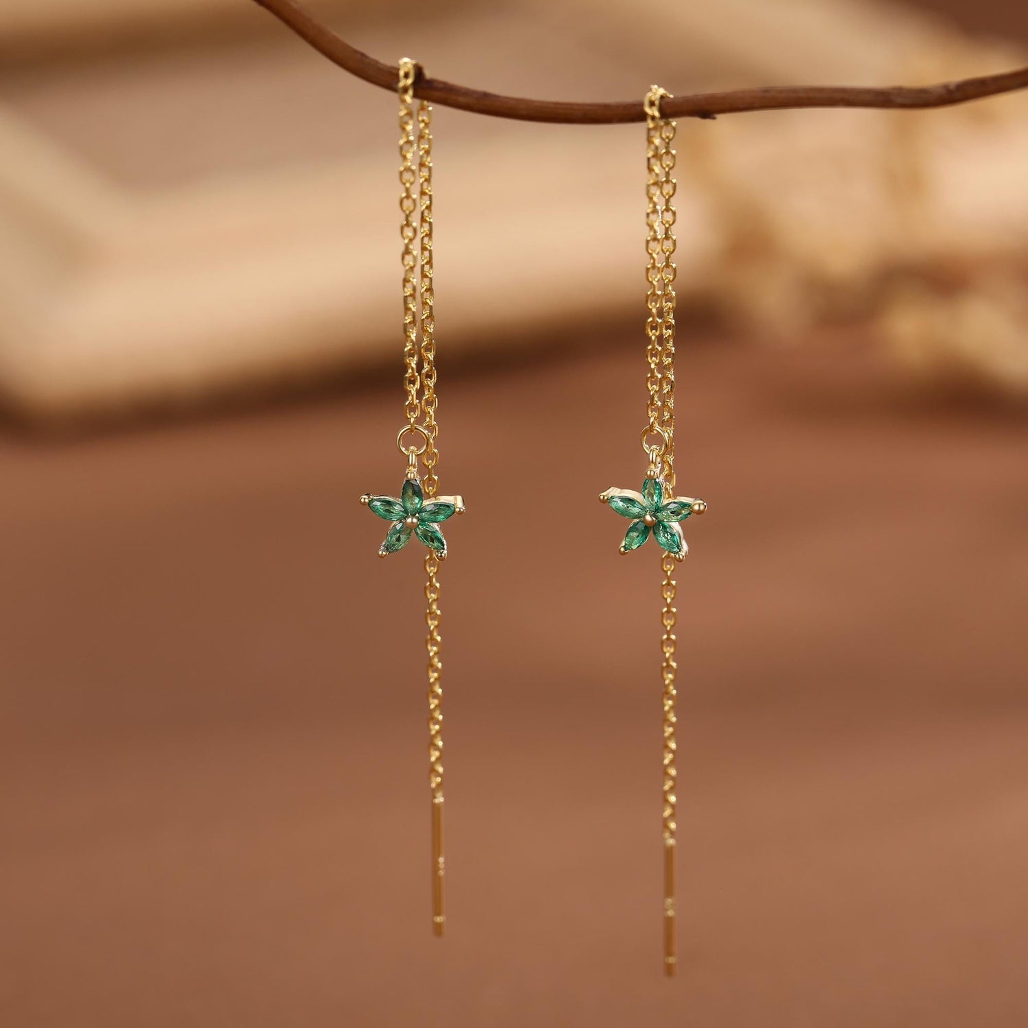 Emerald Green CZ Flower Threader Earrings in Sterling Silver, Silver or Gold, Forget-me-not Floral Ear Threaders, Sparkly CZ Threaders