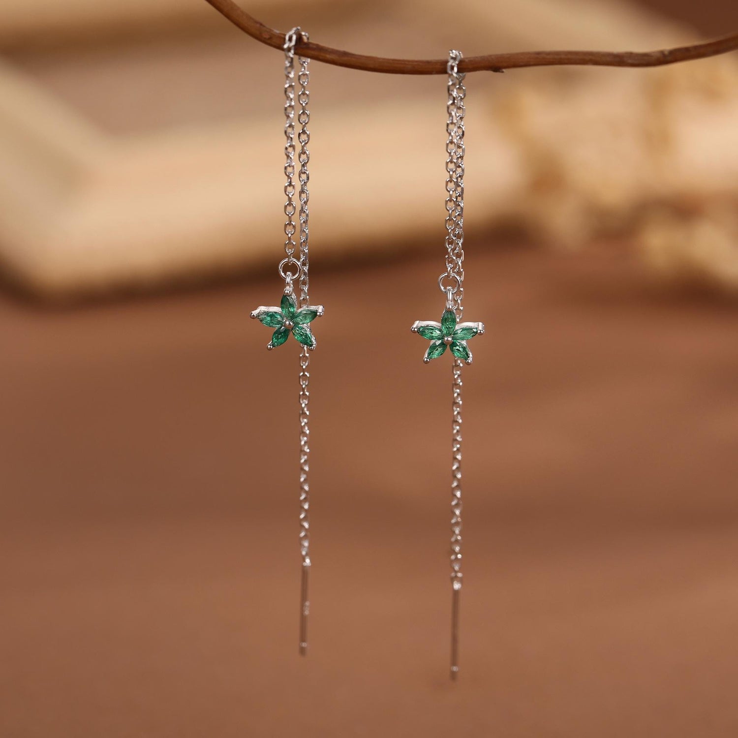 Emerald Green CZ Flower Threader Earrings in Sterling Silver, Silver or Gold, Forget-me-not Floral Ear Threaders, Sparkly CZ Threaders