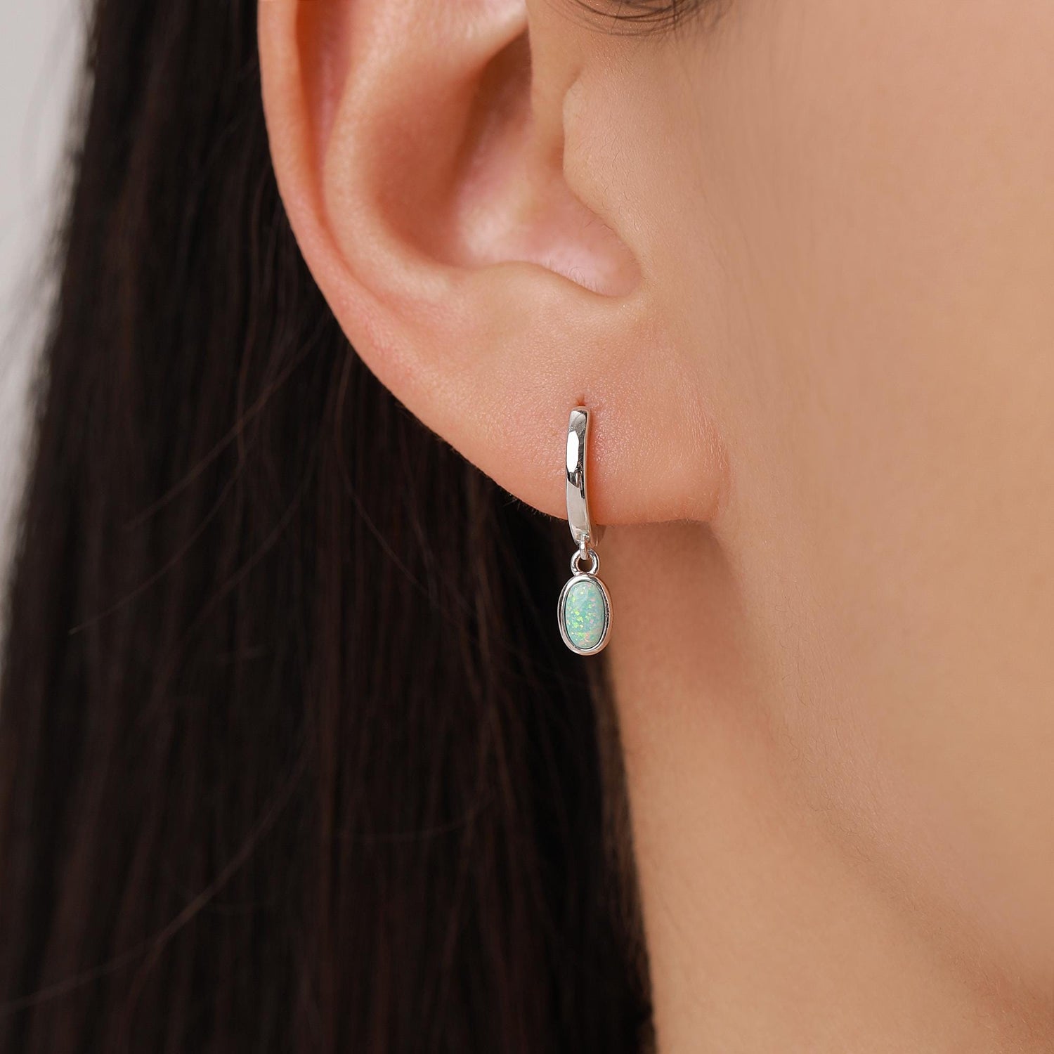 Sterling Silver Dangling Oval Aqua Green Opal Hoop Earrings