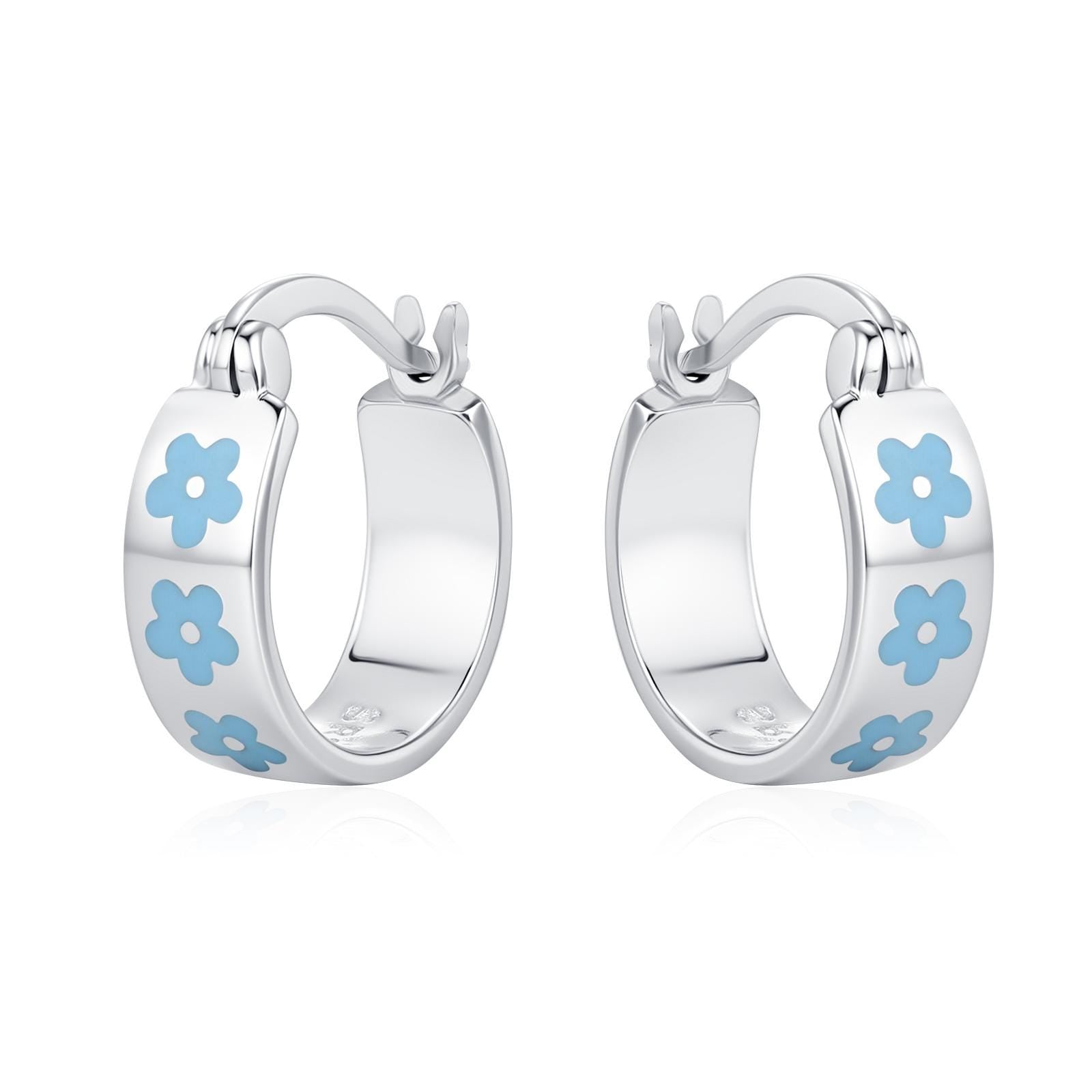 Sterling Silver Enamel Forget Me Not Huggie Hoops