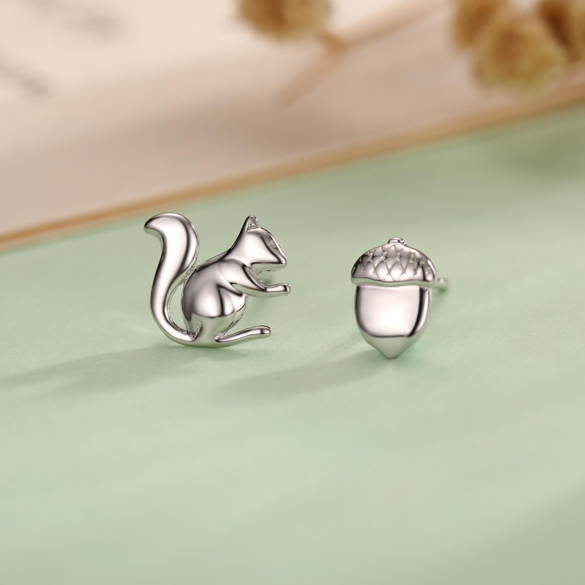 Mismatched Squirrel and Acorn Stud Earrings in Sterling Silver, Silver or Gold, Asymmetric Squirrel and Nut Earrings