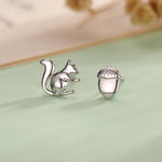 Mismatched Squirrel and Acorn Stud Earrings in Sterling Silver, Silver or Gold, Asymmetric Squirrel and Nut Earrings