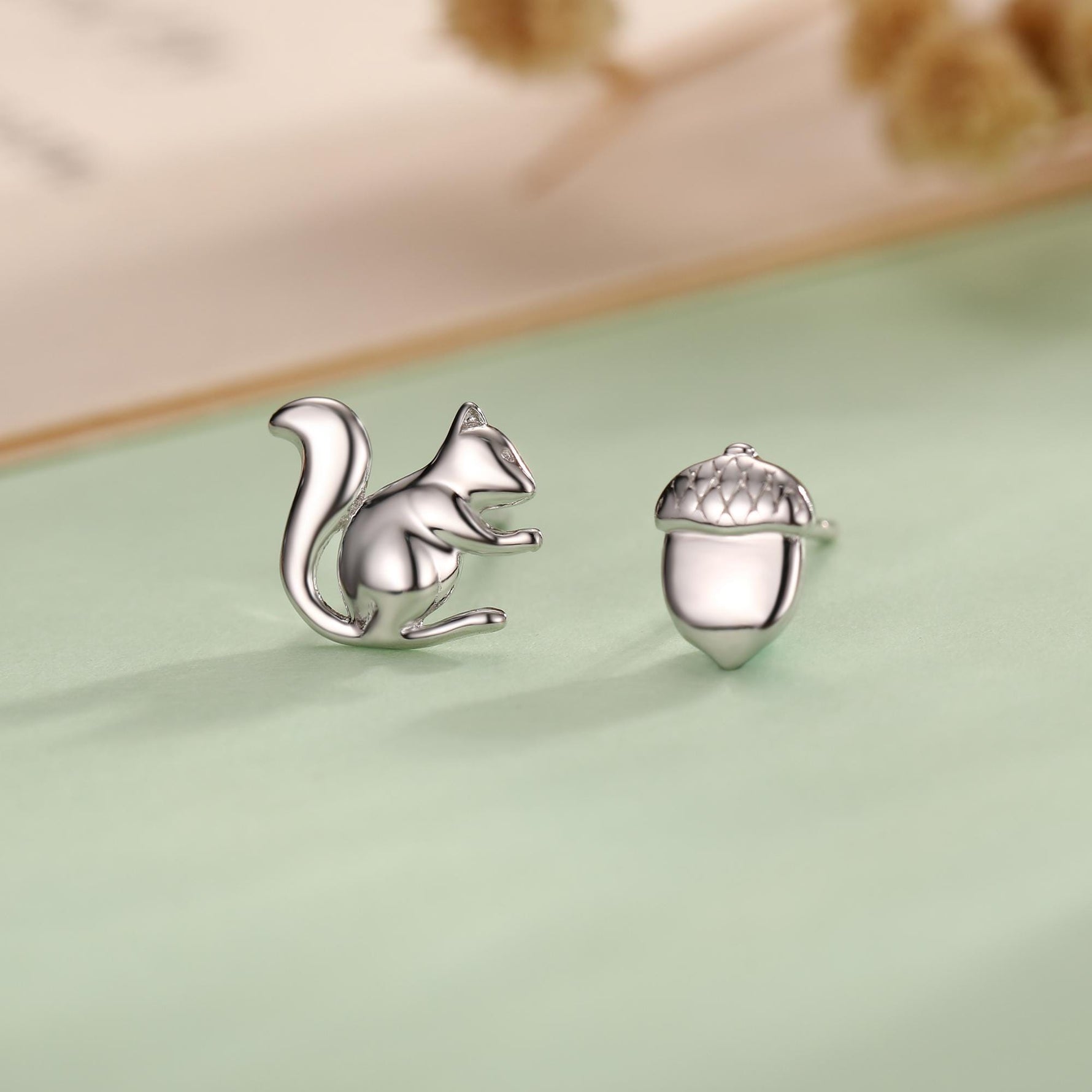 Mismatched Squirrel and Acorn Stud Earrings in Sterling Silver, Silver or Gold, Asymmetric Squirrel and Nut Earrings