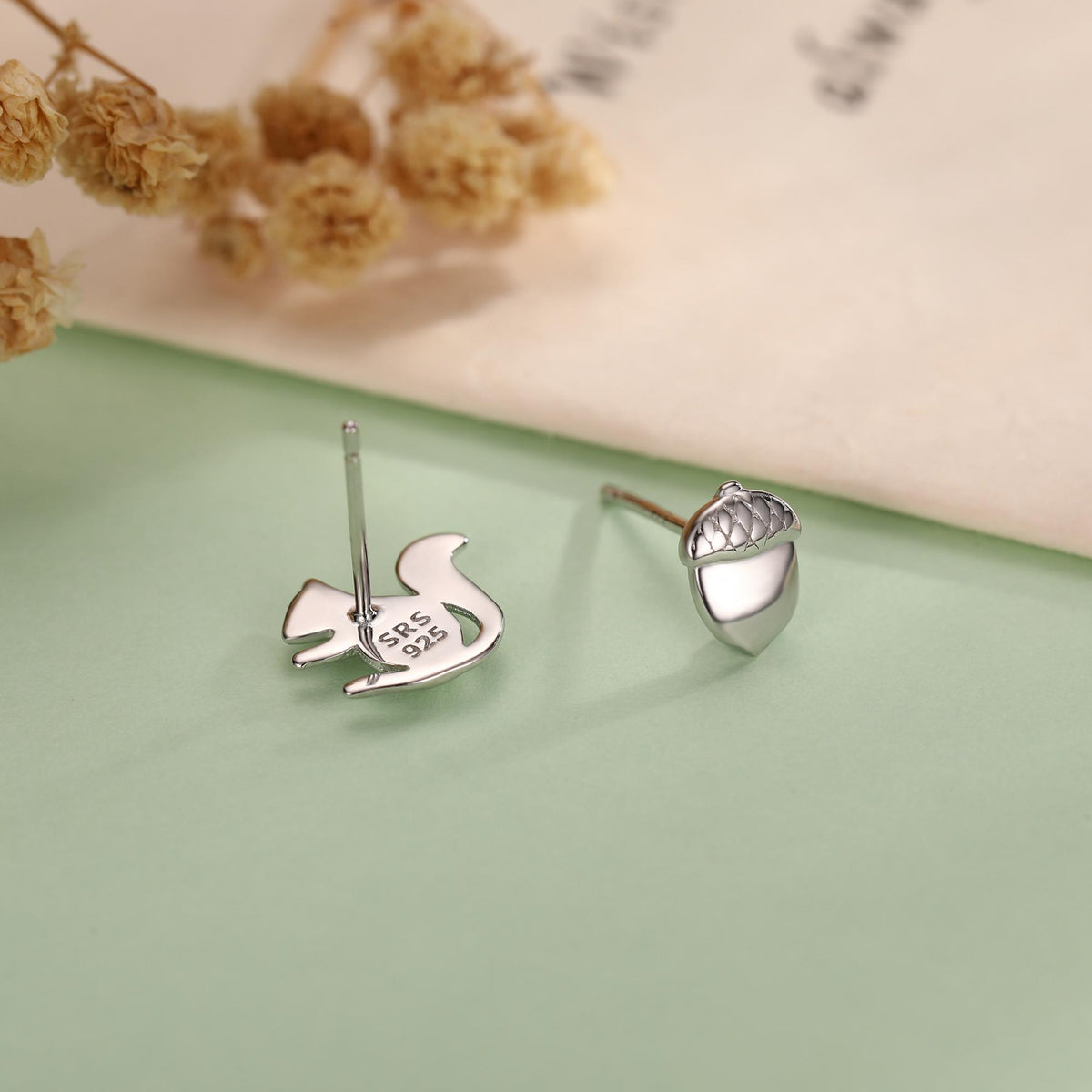Mismatched Squirrel and Acorn Stud Earrings in Sterling Silver, Silver or Gold, Asymmetric Squirrel and Nut Earrings