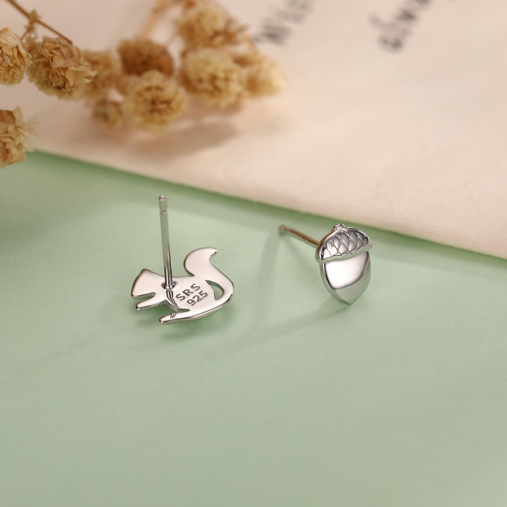 Mismatched Squirrel and Acorn Stud Earrings in Sterling Silver, Silver or Gold, Asymmetric Squirrel and Nut Earrings