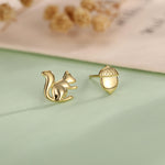 Mismatched Squirrel and Acorn Stud Earrings in Sterling Silver, Silver or Gold, Asymmetric Squirrel and Nut Earrings