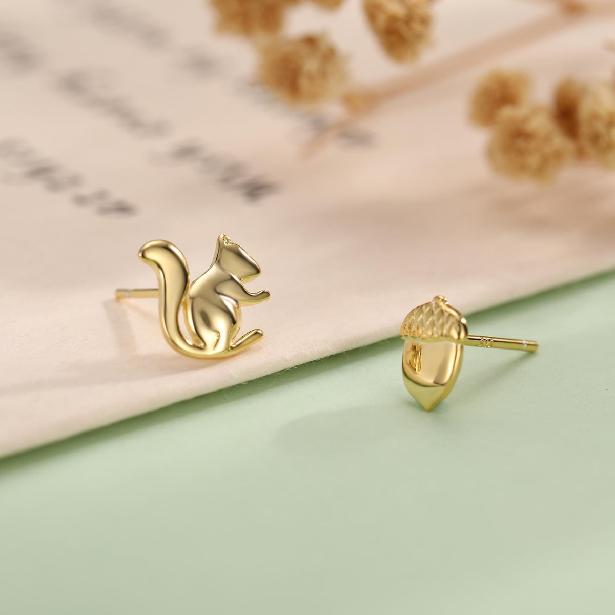 Mismatched Squirrel and Acorn Stud Earrings in Sterling Silver, Silver or Gold, Asymmetric Squirrel and Nut Earrings