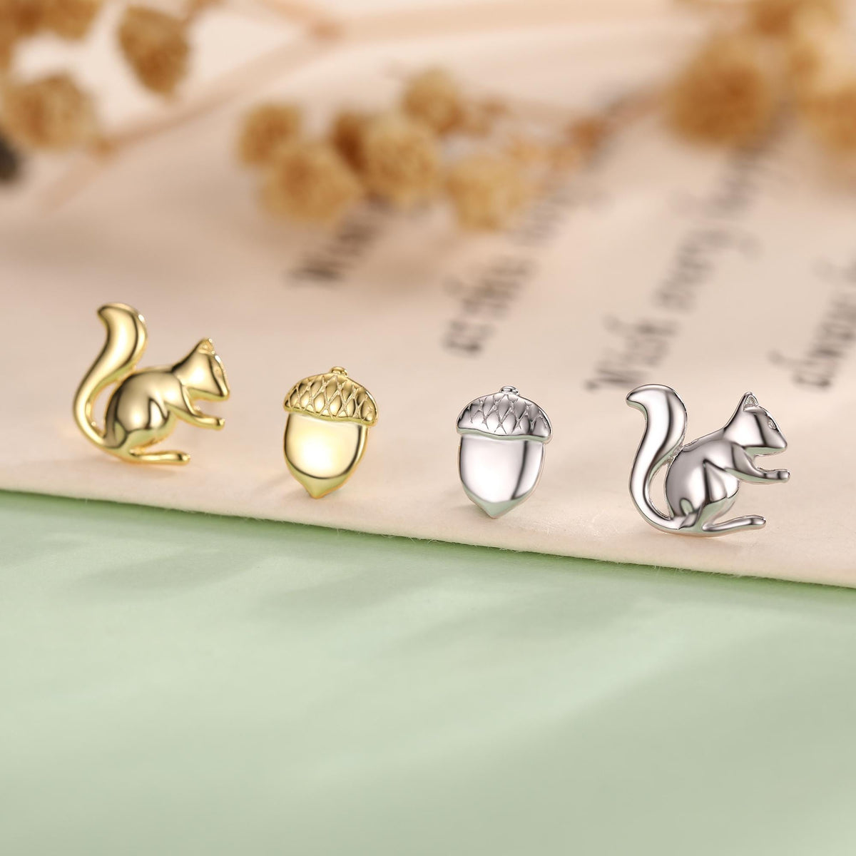Mismatched Squirrel and Acorn Stud Earrings in Sterling Silver, Silver or Gold, Asymmetric Squirrel and Nut Earrings