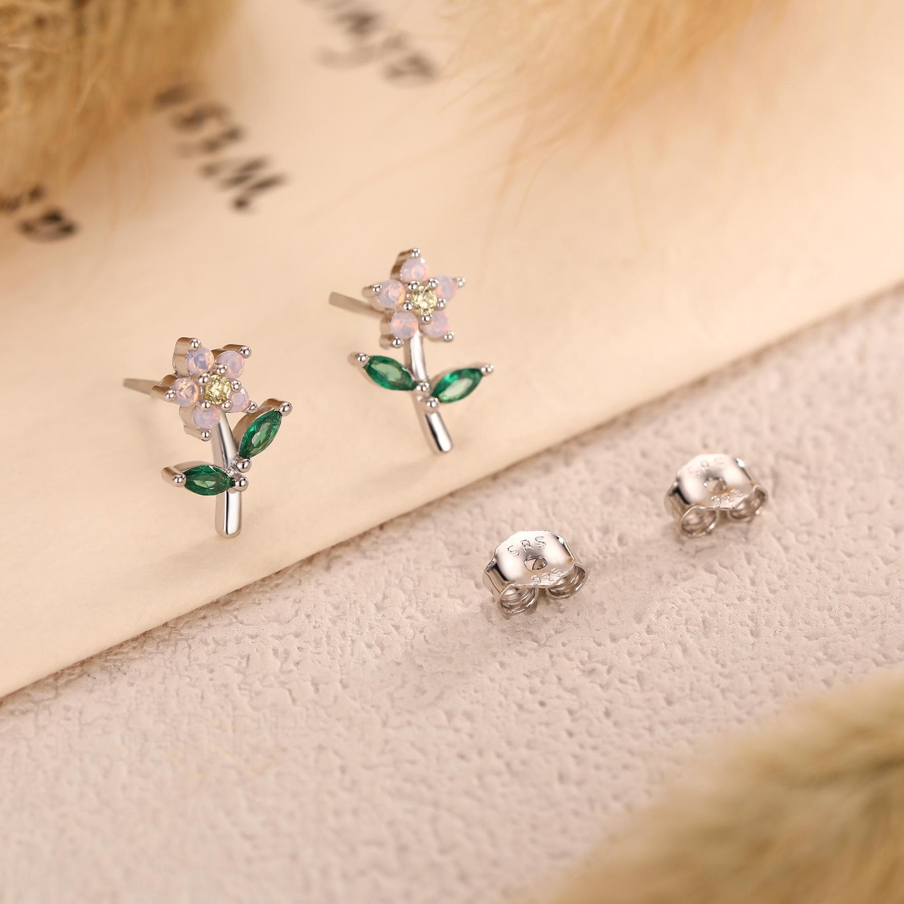 Extra Tiny Opal Pink CZ Flower Stud Earrings in Sterling Silver