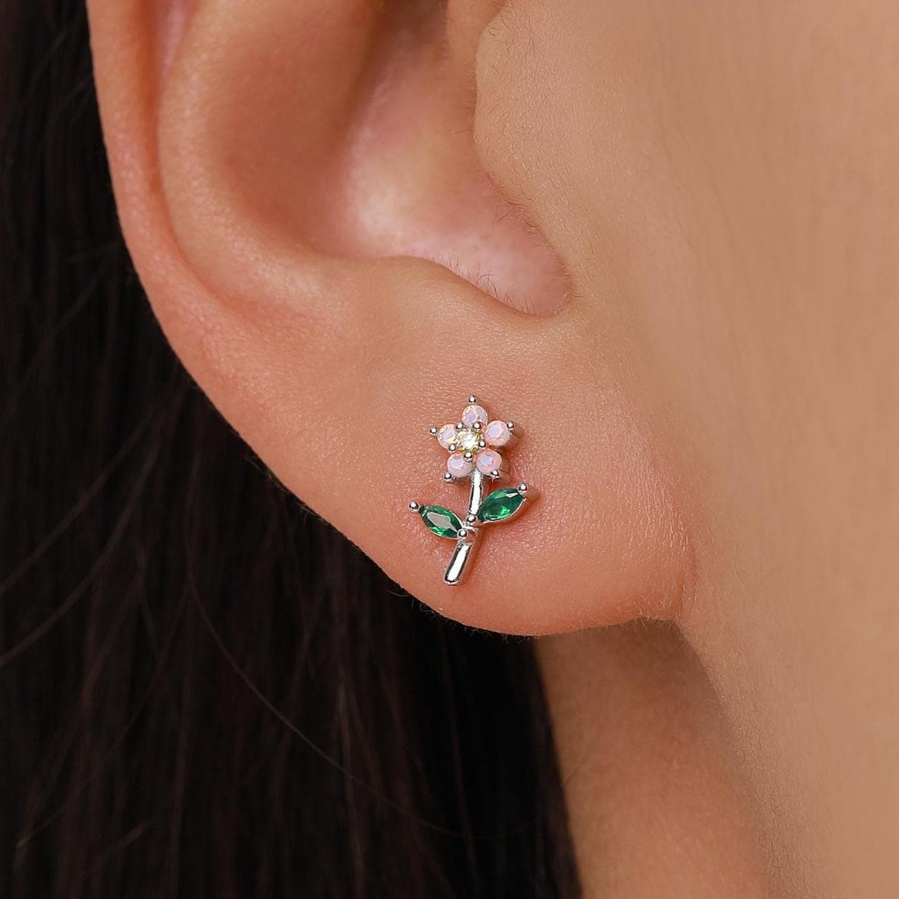 Extra Tiny Opal Pink CZ Flower Stud Earrings in Sterling Silver