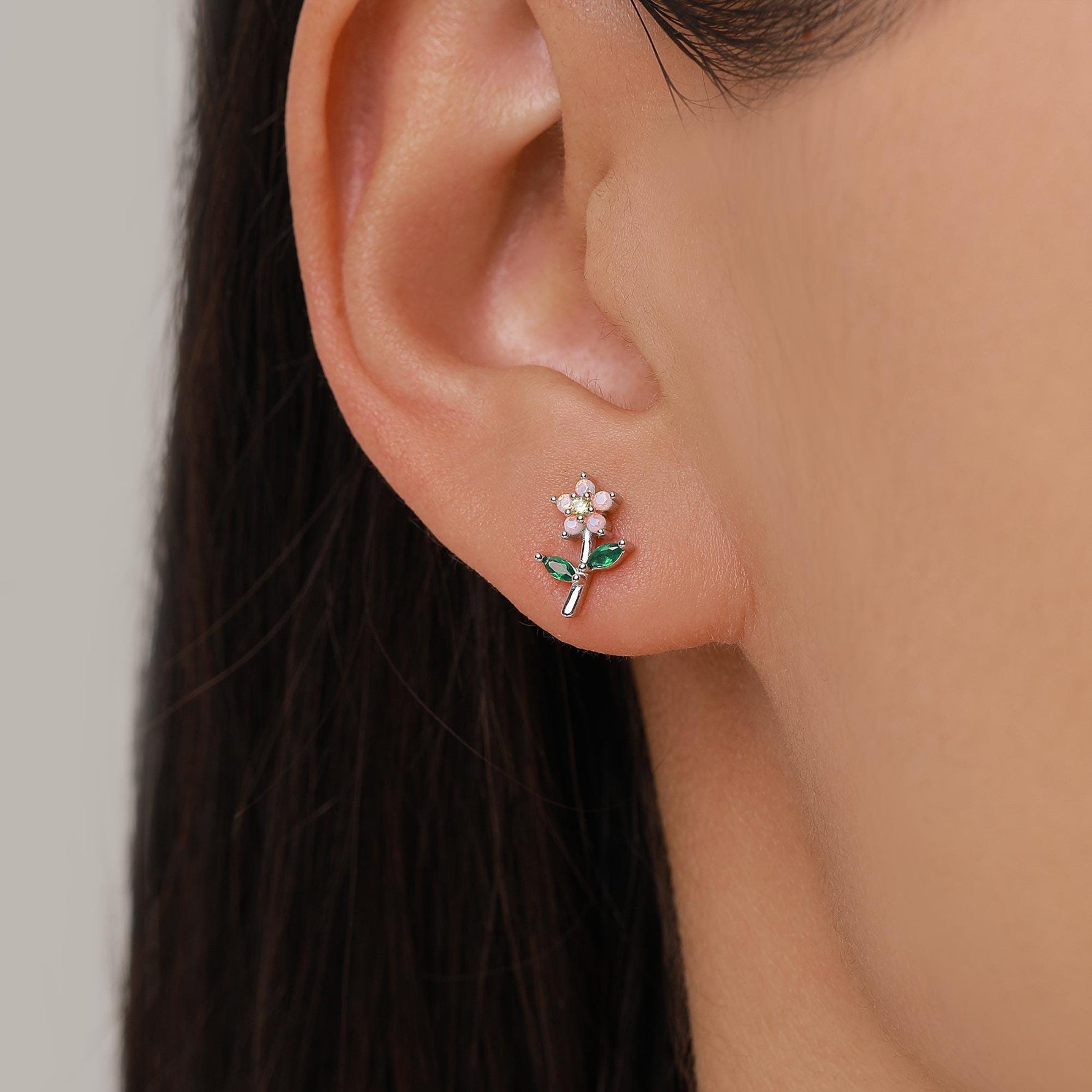 Extra Tiny Opal Pink CZ Flower Stud Earrings in Sterling Silver