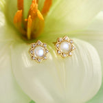Vintage Inspired Moonstone Flower CZ Stud Earrings, Lab Moonstone Halo CZ Earrings, Simulated Moonstone Earrings