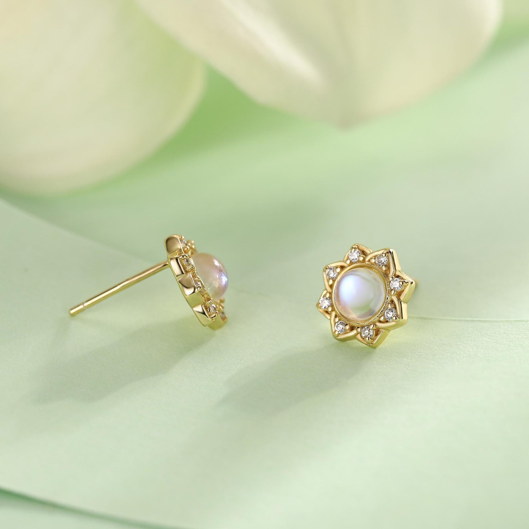 Vintage Inspired Moonstone Flower CZ Stud Earrings, Lab Moonstone Halo CZ Earrings, Simulated Moonstone Earrings