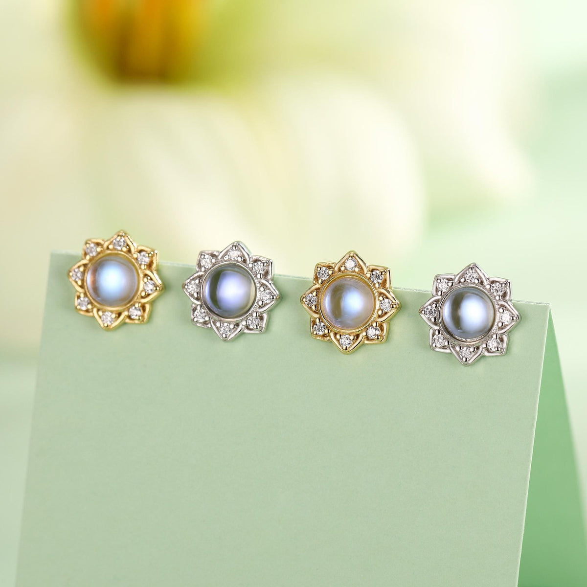Vintage Inspired Moonstone Flower CZ Stud Earrings, Lab Moonstone Halo CZ Earrings, Simulated Moonstone Earrings
