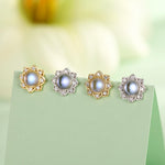 Vintage Inspired Moonstone Flower CZ Stud Earrings, Lab Moonstone Halo CZ Earrings, Simulated Moonstone Earrings