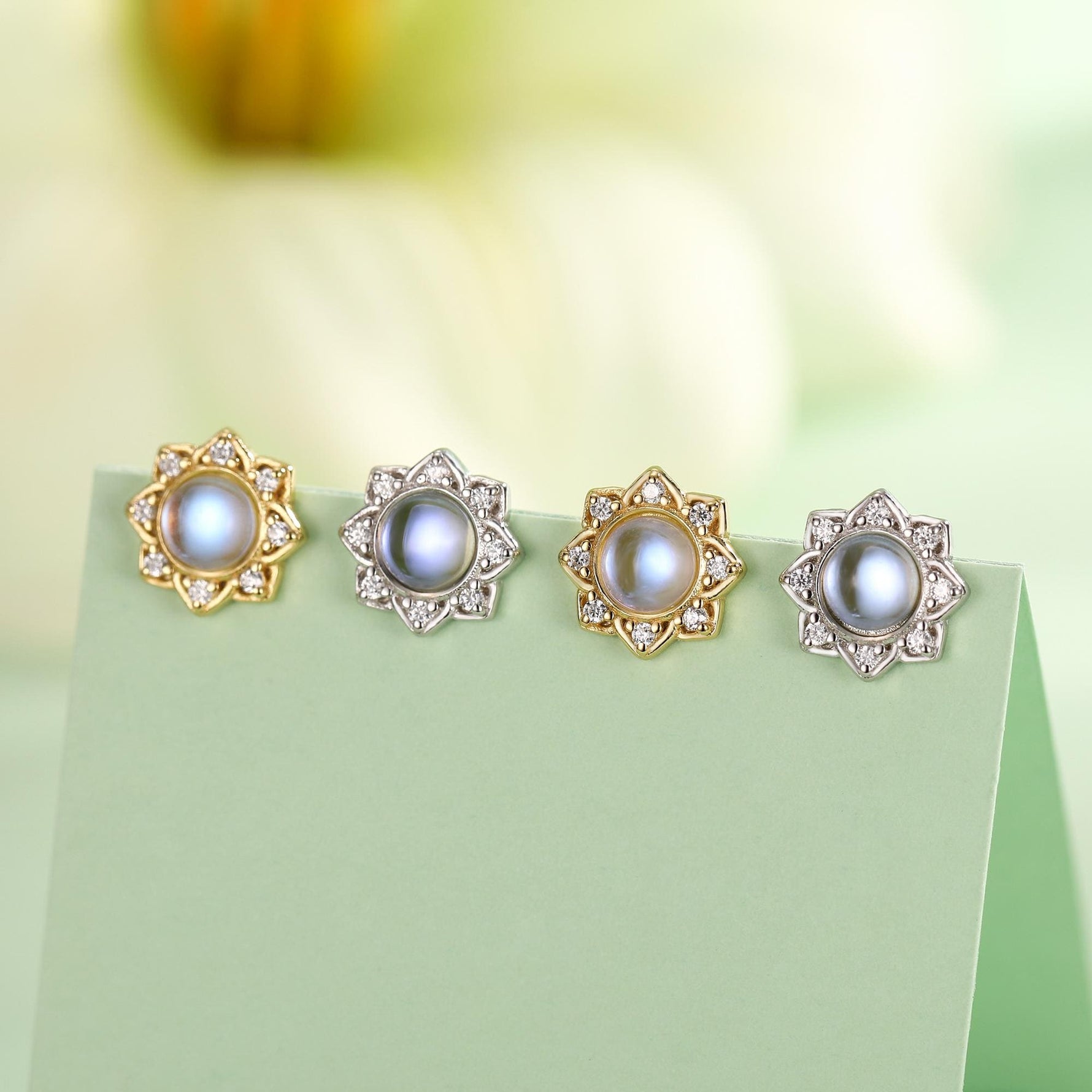 Vintage Inspired Moonstone Flower CZ Stud Earrings, Lab Moonstone Halo CZ Earrings, Simulated Moonstone Earrings