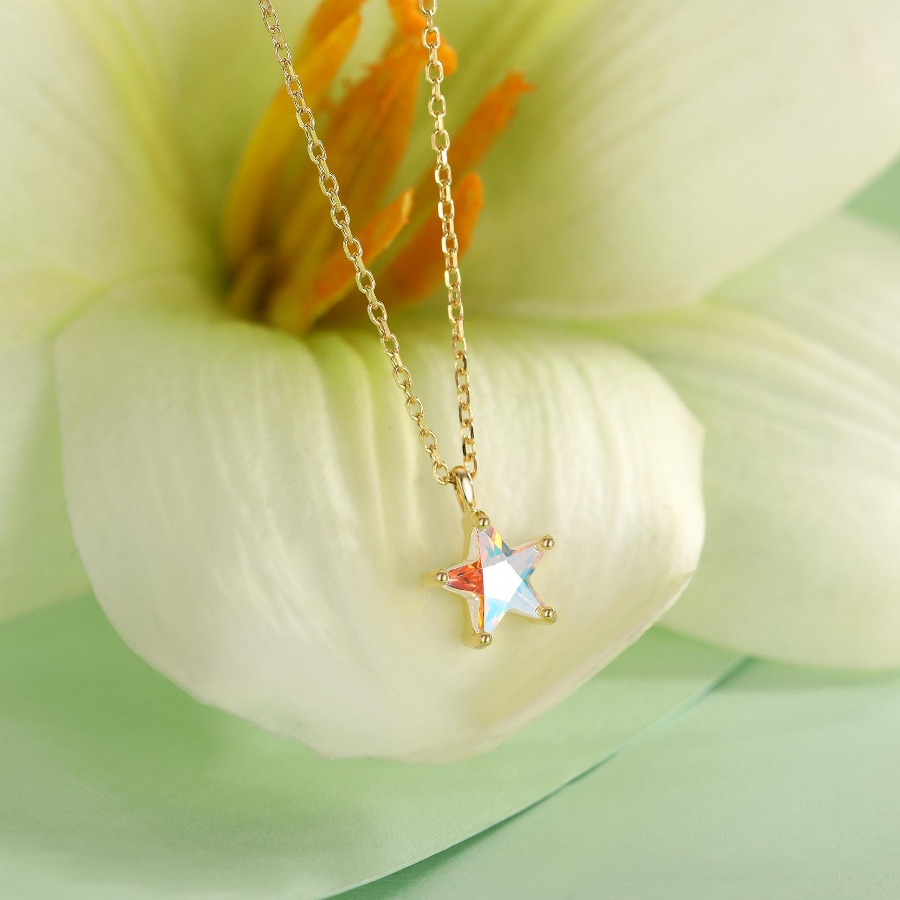 Sterling Silver Aurora AB CZ Star Pendant Necklace, Silver or Gold, Star Shape CZ Necklace, Colour Changing Star Necklace