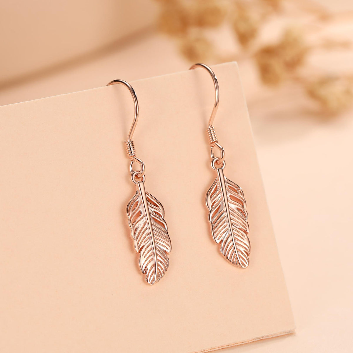 Sterling Silver Feather Drop Hook Earrings, Silver or Gold or Rose Gold, Delicate Feather Dangle Earrings, Nature Inspired