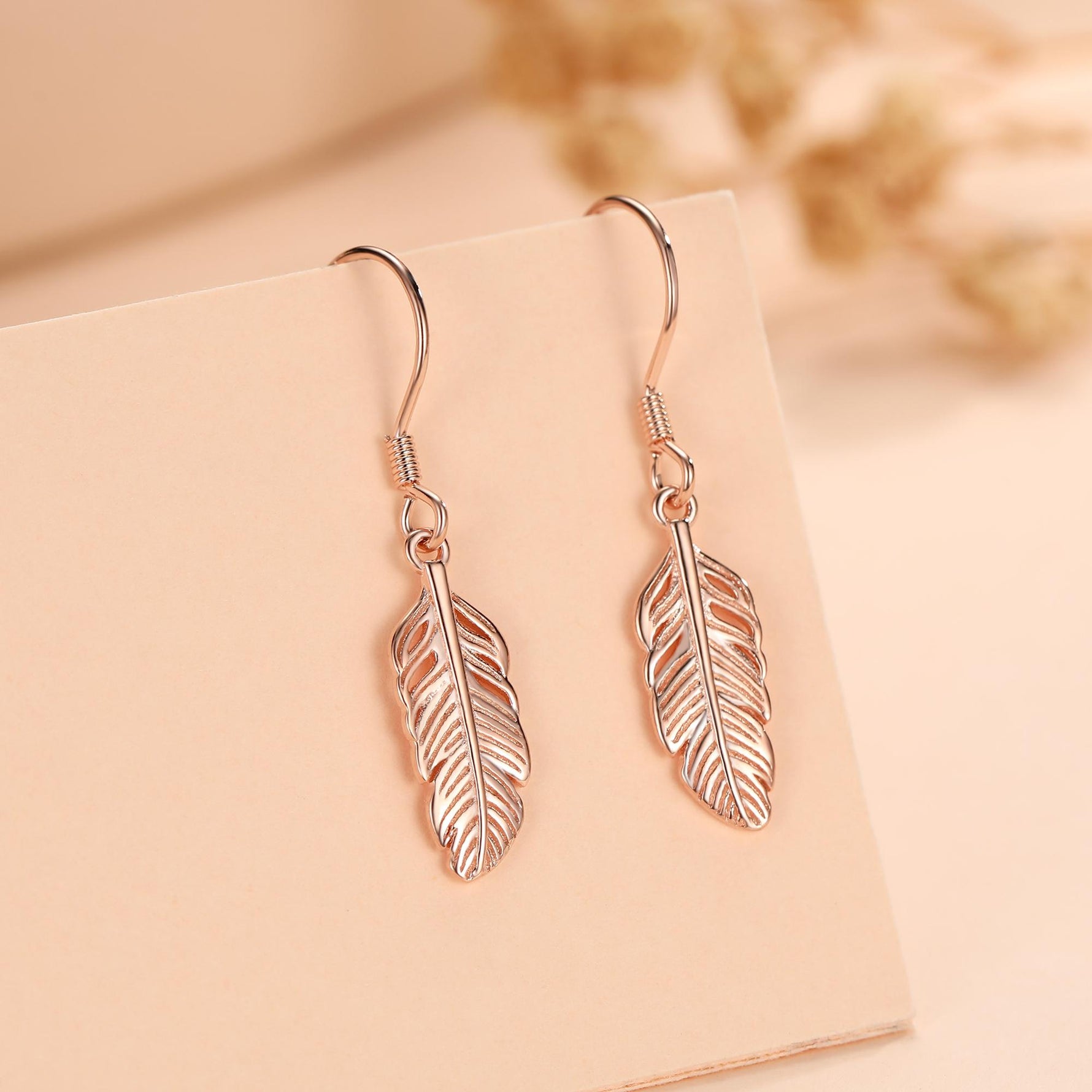 Sterling Silver Feather Drop Hook Earrings, Silver or Gold or Rose Gold, Delicate Feather Dangle Earrings, Nature Inspired