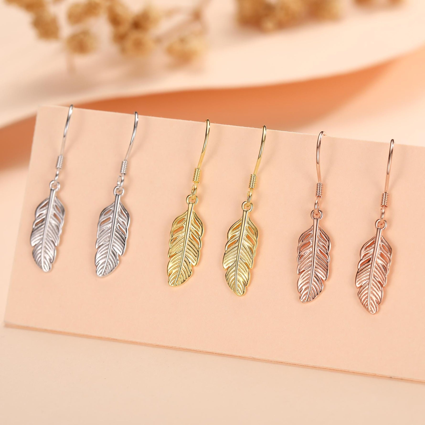 Sterling Silver Feather Drop Hook Earrings, Silver or Gold or Rose Gold, Delicate Feather Dangle Earrings, Nature Inspired