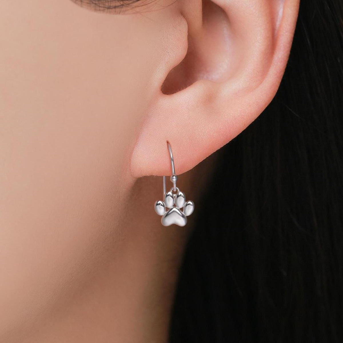 Paw Print Drop Hook Earrings in Sterling Silver, Silver or Gold or Rose Gold, Pet Earrings, Dog Earrings, Cat Earrings