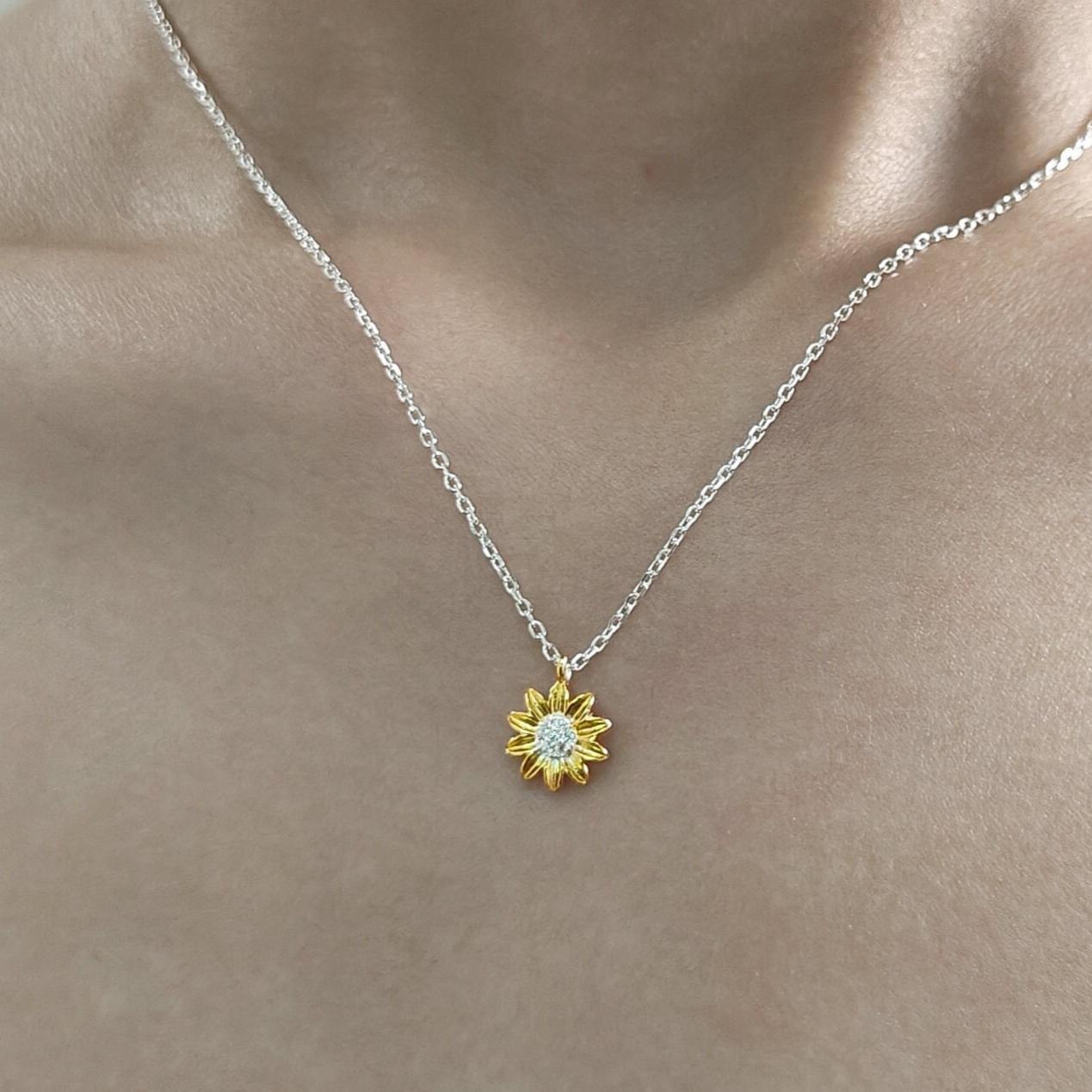 Sterling Silver Tiny Little Sunflower Pendant Necklace, Delicate Flower Necklace, Sunflower Necklace, Two Tone Flower Pendant Necklace