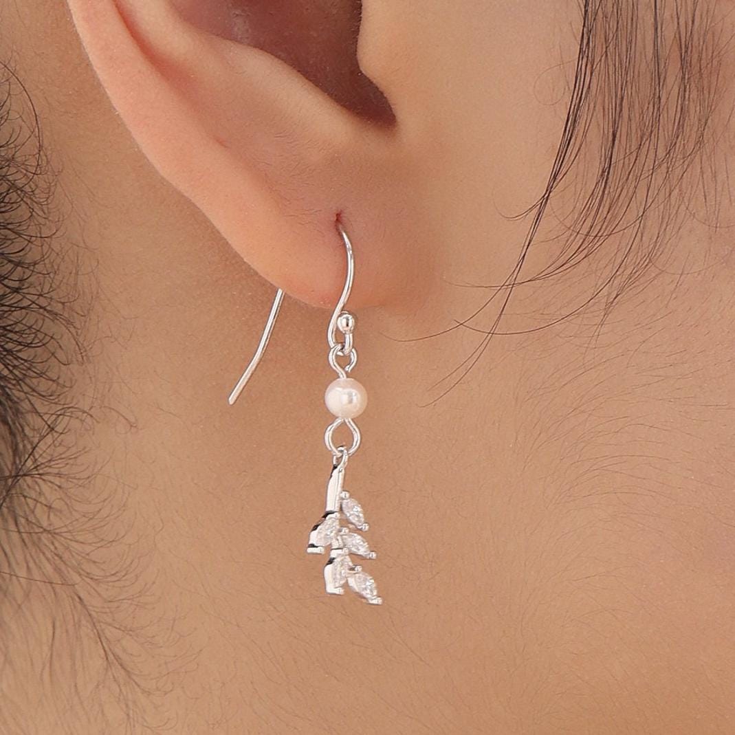 Green CZ Leaf Charm Drop Hook Earrings in Sterling Silver with Genuine Freshwater Pearls, Silver or Gold, Crystal Leaf Hook Earrings