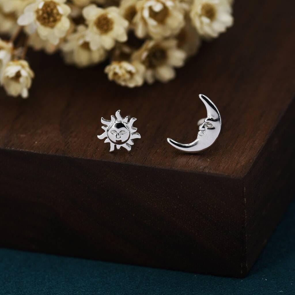 Mismatched Sun and Moon Stud Earrings / Screw Back in Sterling Silver, Asymmetric Man in the Moon and Sun Face Earrings