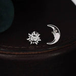 Mismatched Sun and Moon Stud Earrings / Screw Back in Sterling Silver, Asymmetric Man in the Moon and Sun Face Earrings