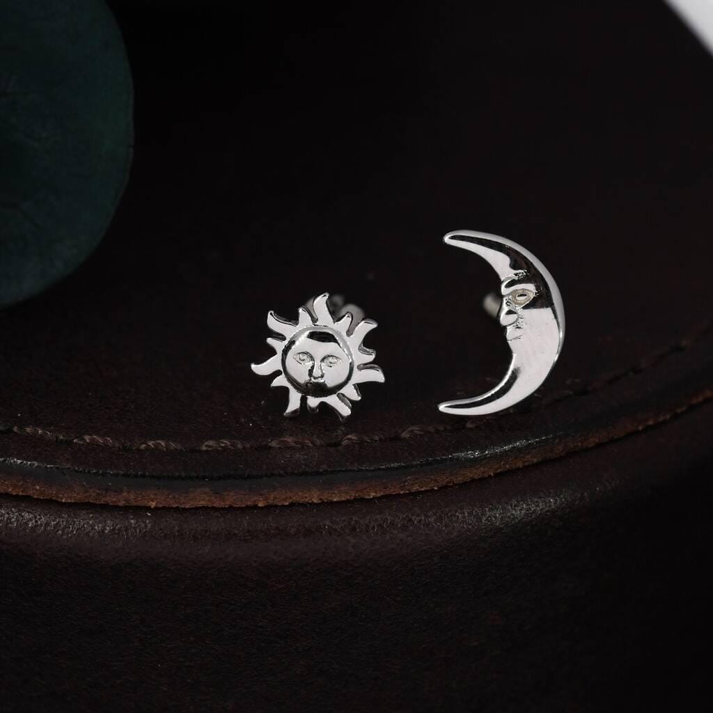 Mismatched Sun and Moon Stud Earrings / Screw Back in Sterling Silver, Asymmetric Man in the Moon and Sun Face Earrings