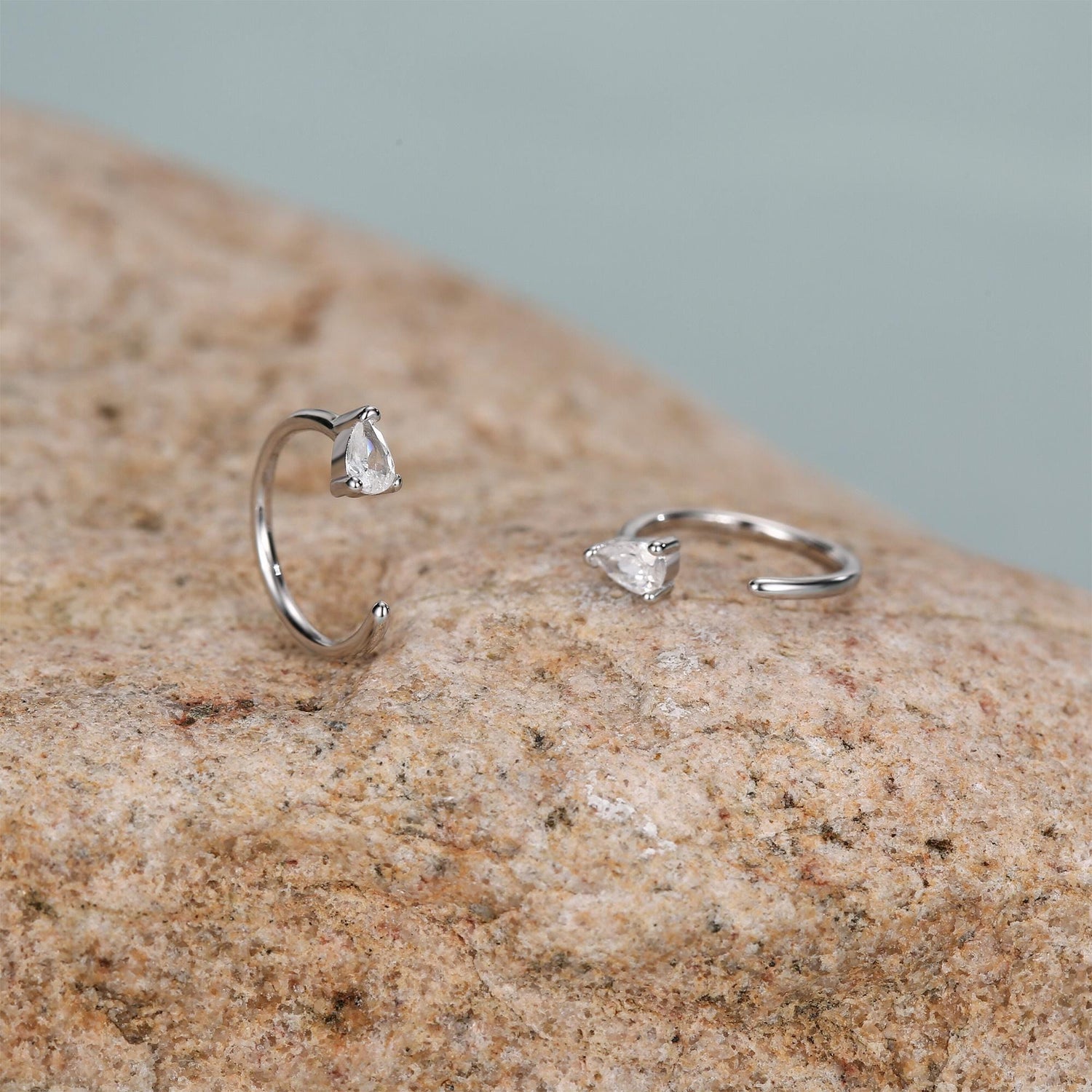 Clear CZ Droplet Huggie Hoop Earrings in Sterling Silver, Tiny Pear Cut CZ Open Hoops, Pull Through Threaders, Half Hoops