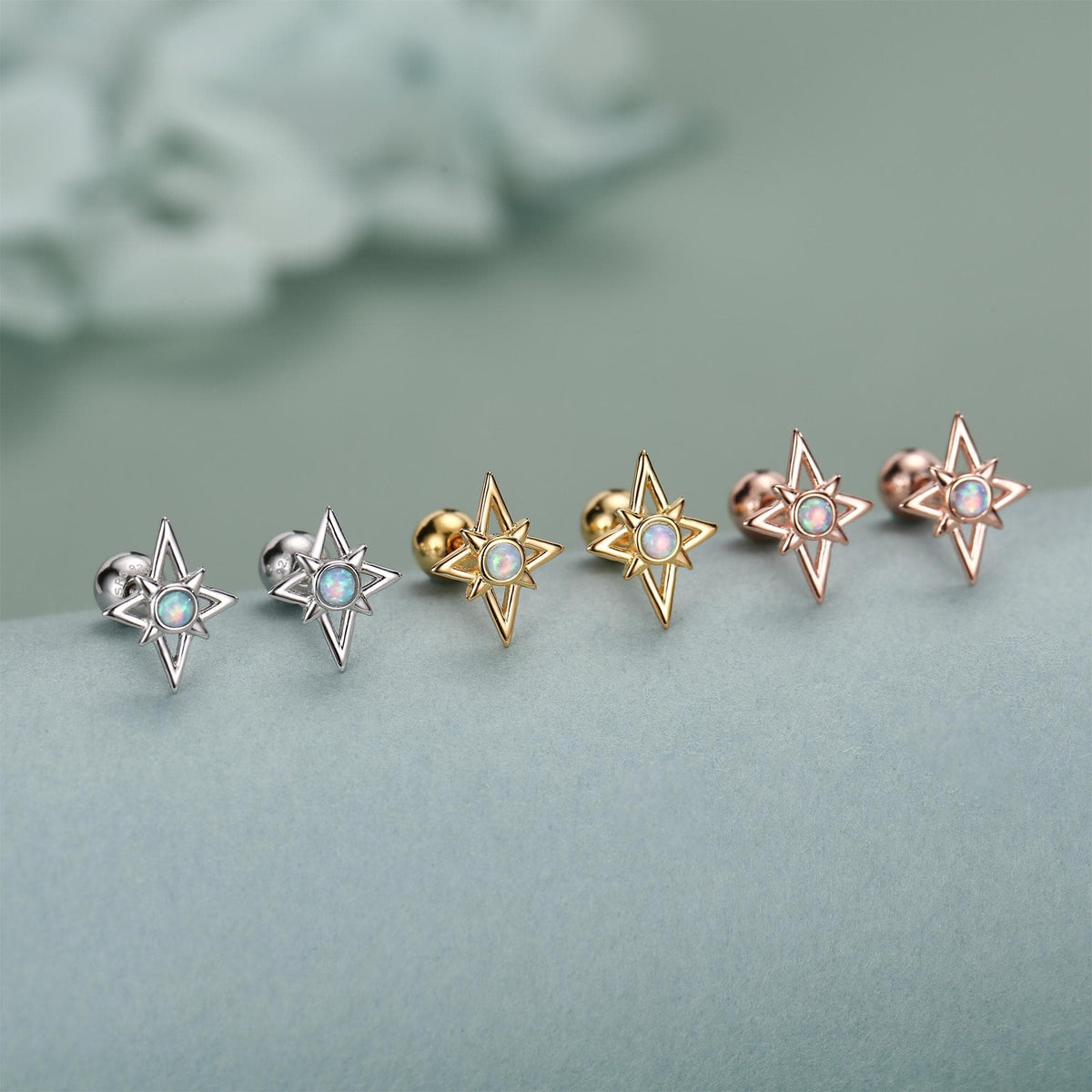 Sterling Silver Opal Star 18G Screw Back Stud Earrings