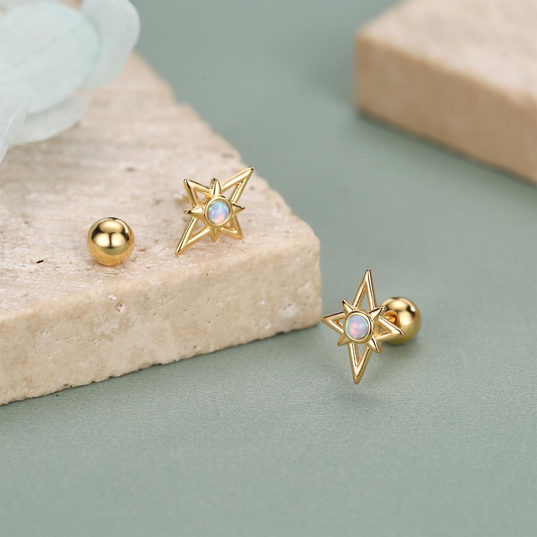 Sterling Silver Opal Star 18G Screw Back Stud Earrings