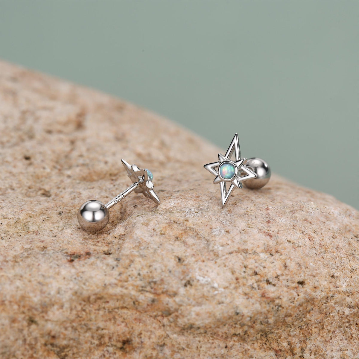 Sterling Silver Opal Star 18G Screw Back Stud Earrings