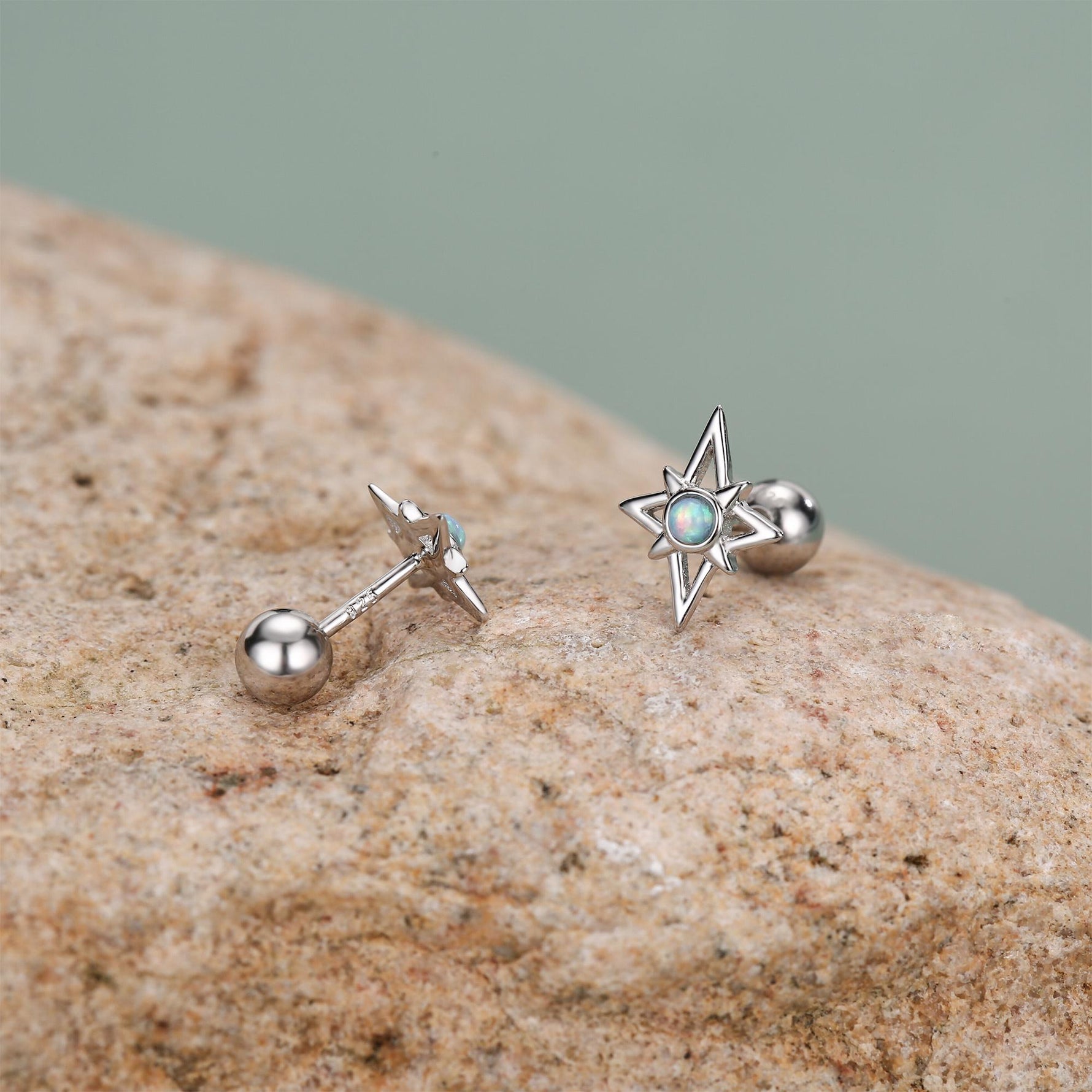 Sterling Silver Opal Star 18G Screw Back Stud Earrings