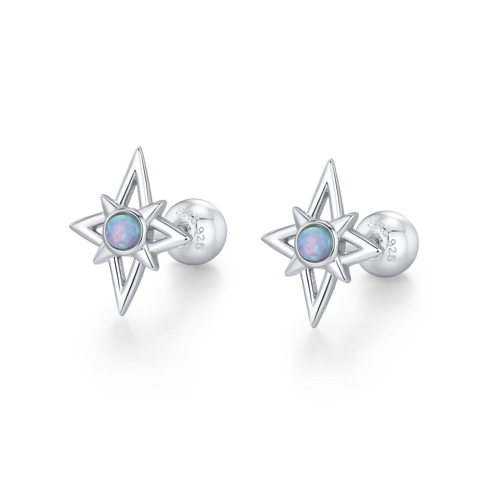 Sterling Silver Opal Star 18G Screw Back Stud Earrings