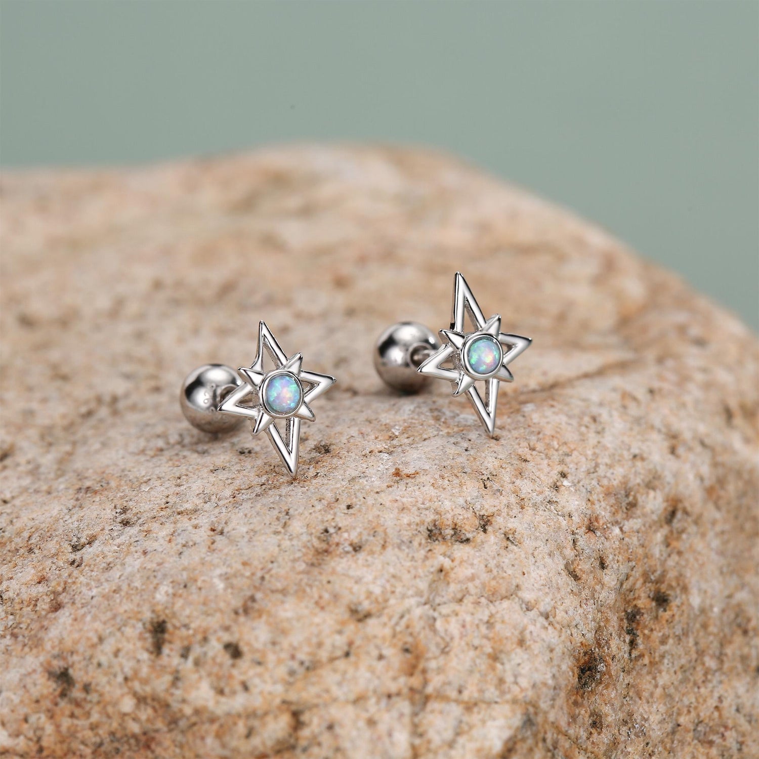 Sterling Silver Opal Star 18G Screw Back Stud Earrings