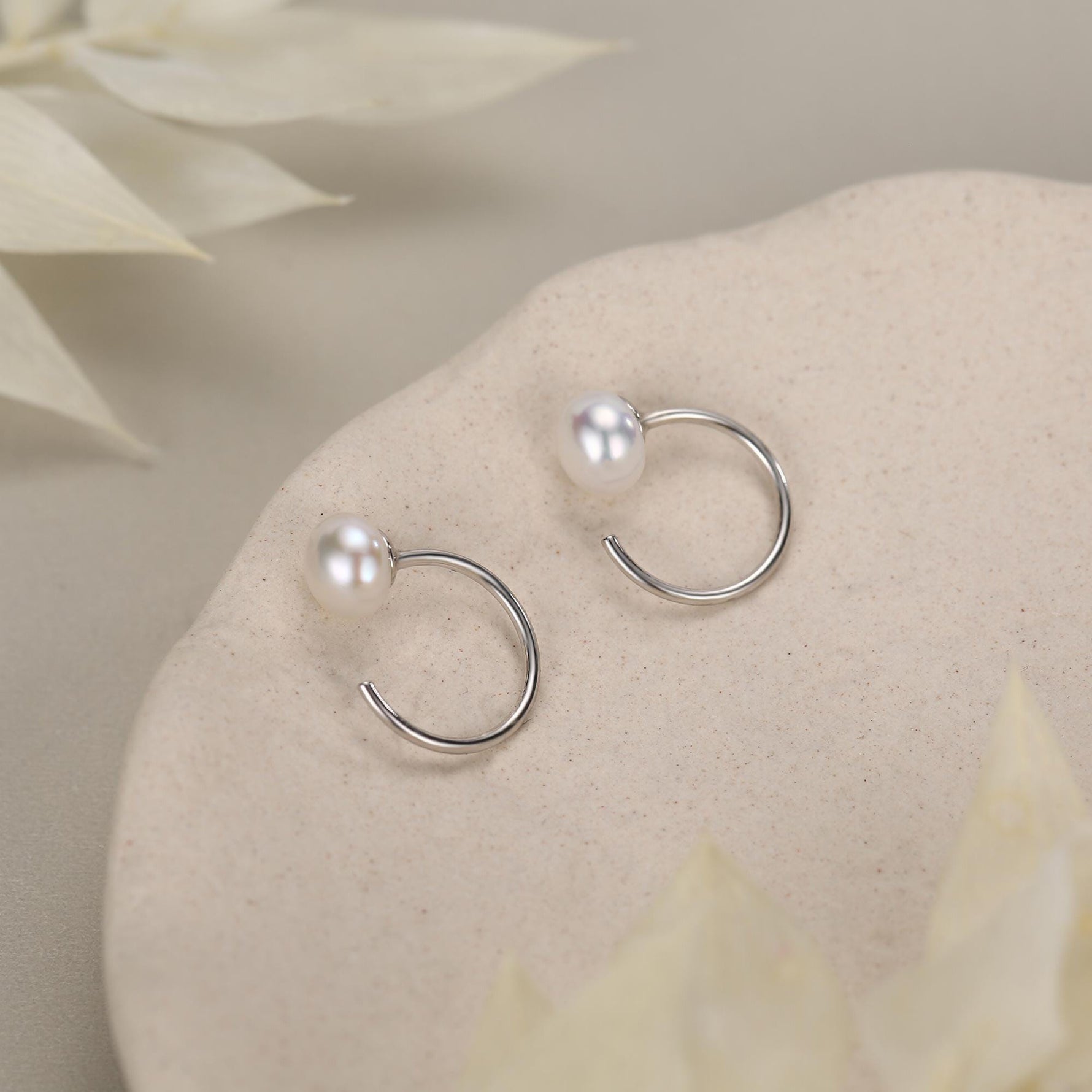 Sterling Silver Freshwater Pearl Open Hoop Huggie Earrings