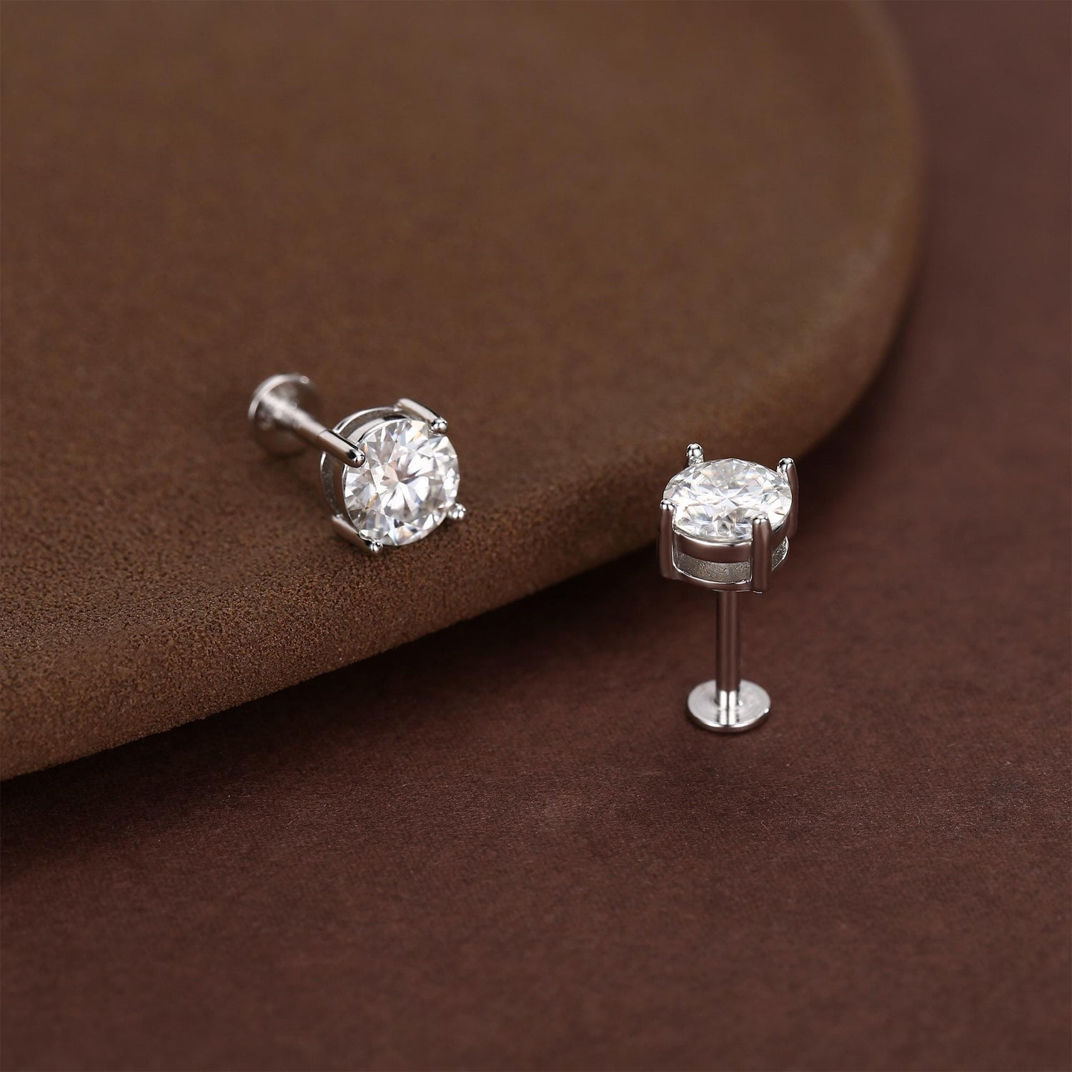 Sterling Silver Brilliant Cut Moissanite 16G Flat Back Labret Earrings