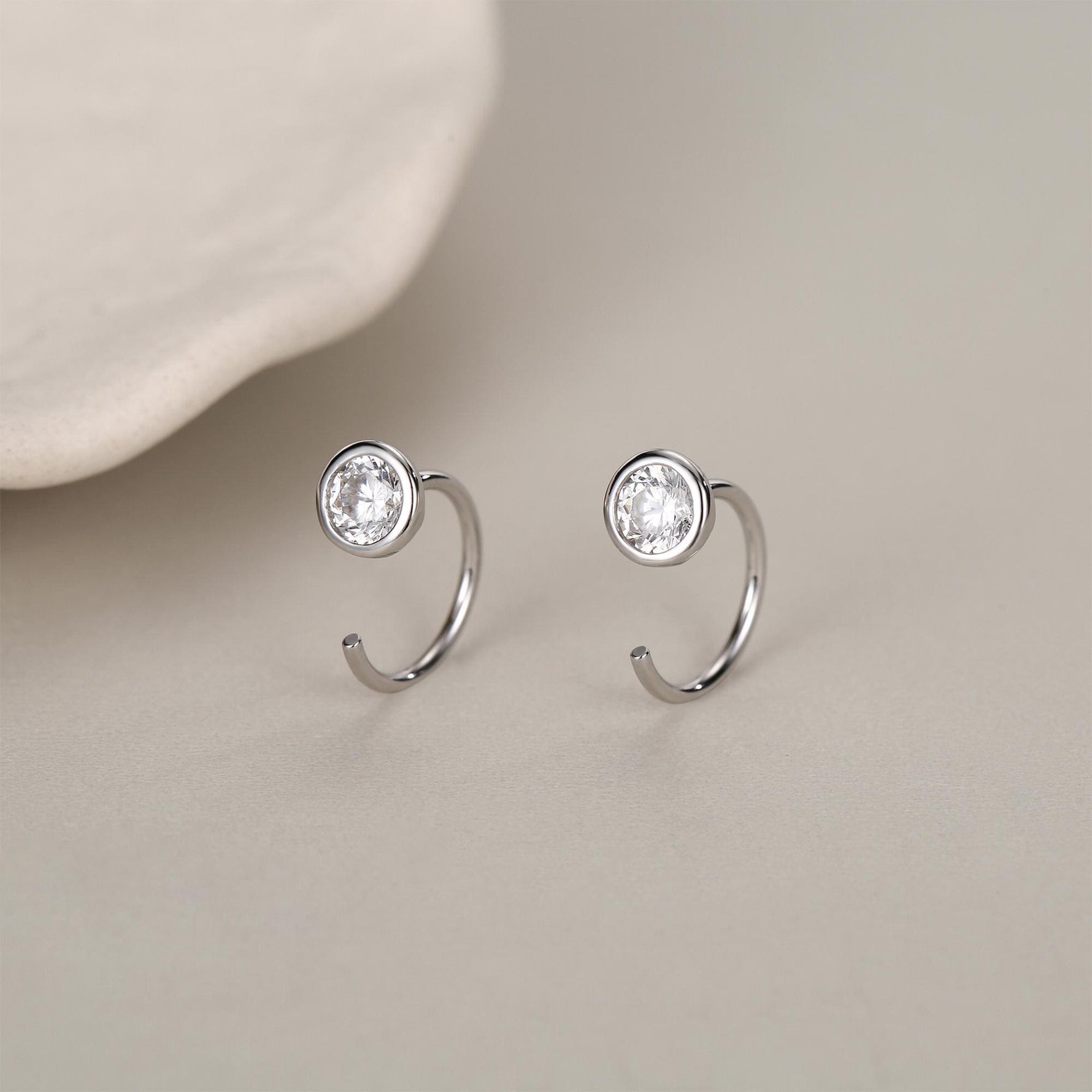 Sterling Silver CZ Bezel Open Hoop Huggie Earrings