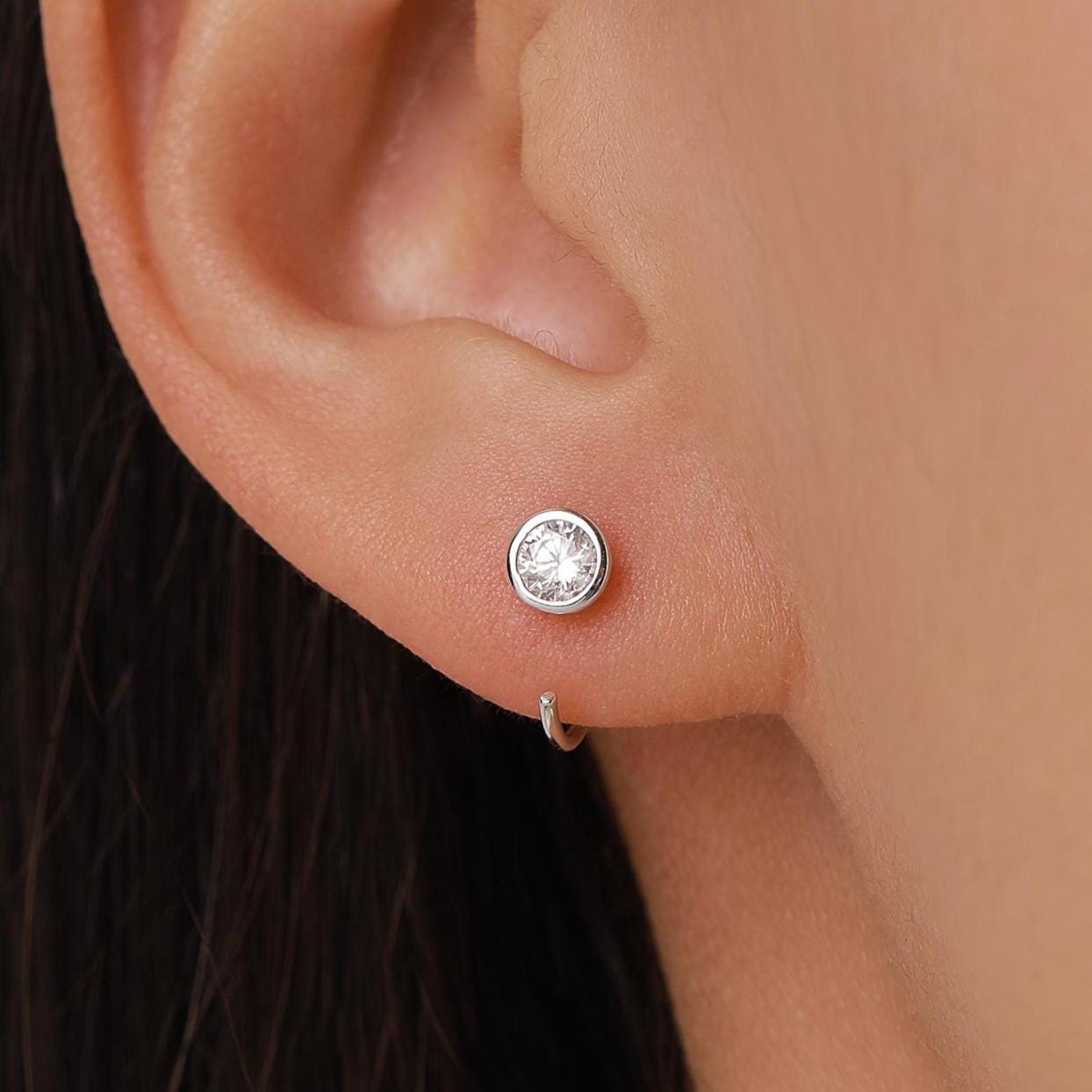 Sterling Silver CZ Bezel Open Hoop Huggie Earrings