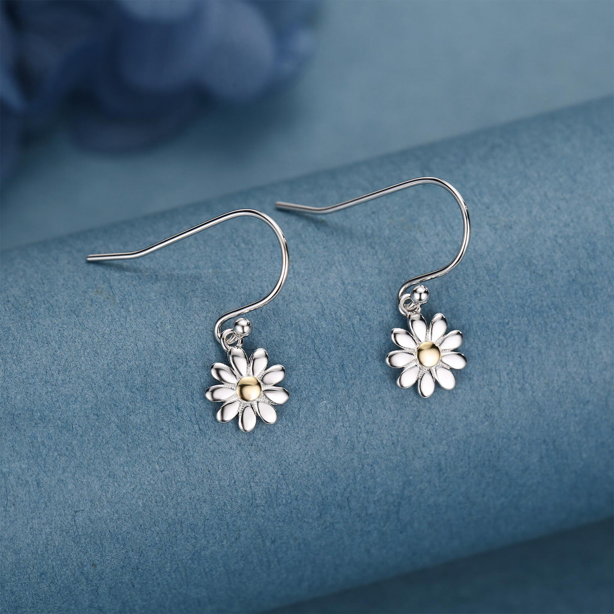 Little Daisy Flower Drop Hook Earrings in Sterling Silver - Cute Flower Blossom Earrings - Fun, Whimsical