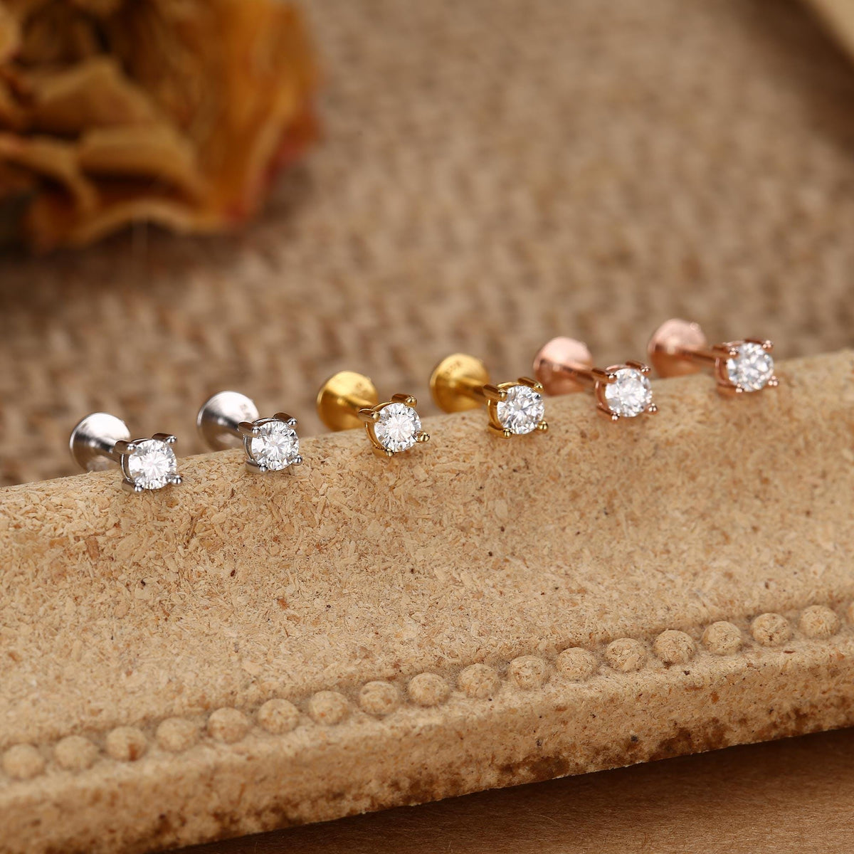 Brilliant Cut 3mm Moissanite 16G Flat Back Labret Earrings in Sterling Silver