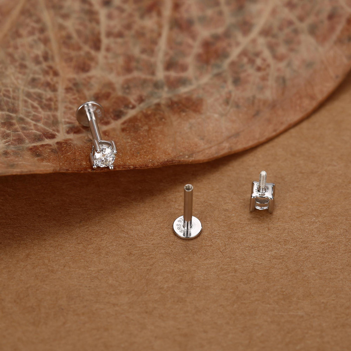 Brilliant Cut 3mm Moissanite 16G Flat Back Labret Earrings in Sterling Silver