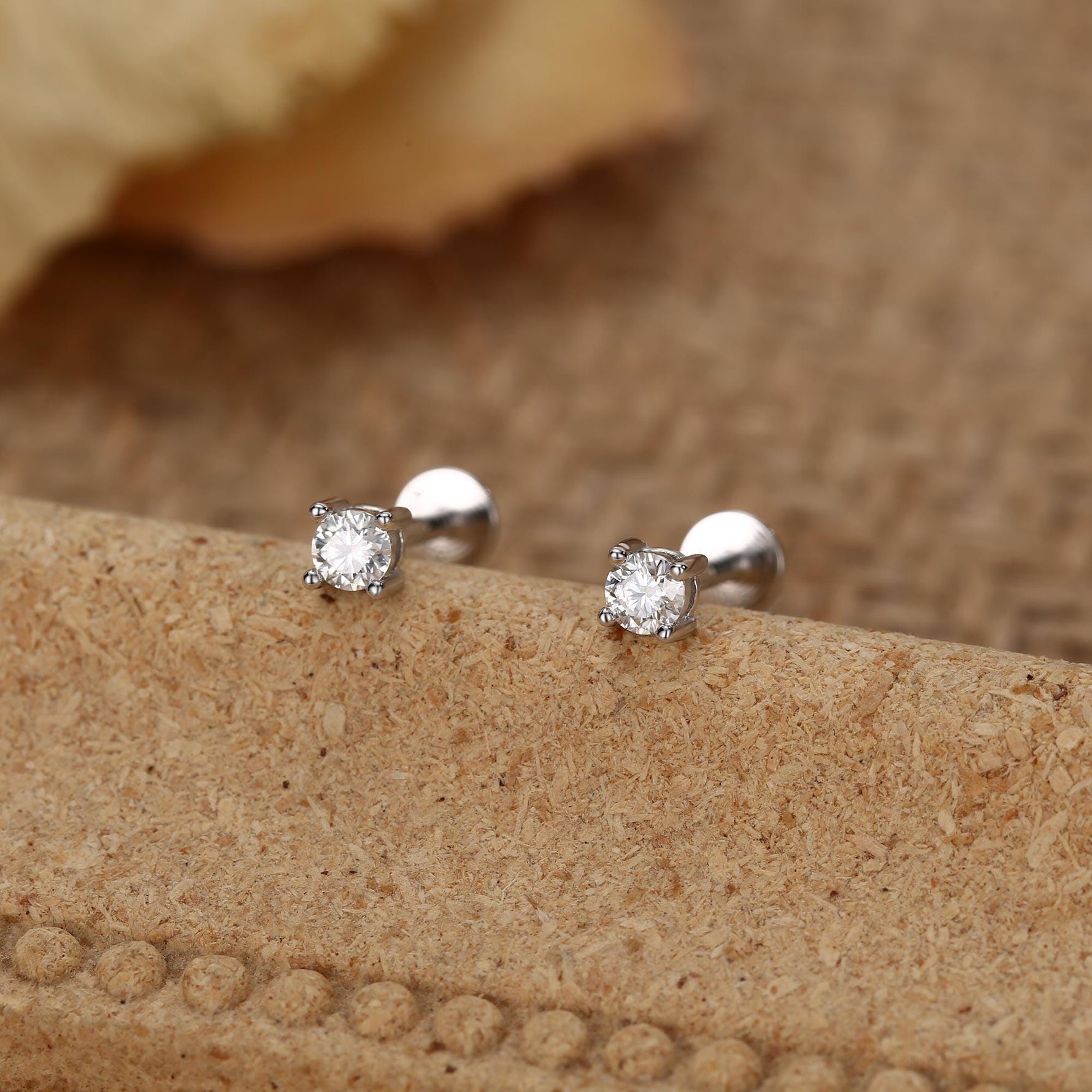 Brilliant Cut 3mm Moissanite 16G Flat Back Labret Earrings in Sterling Silver