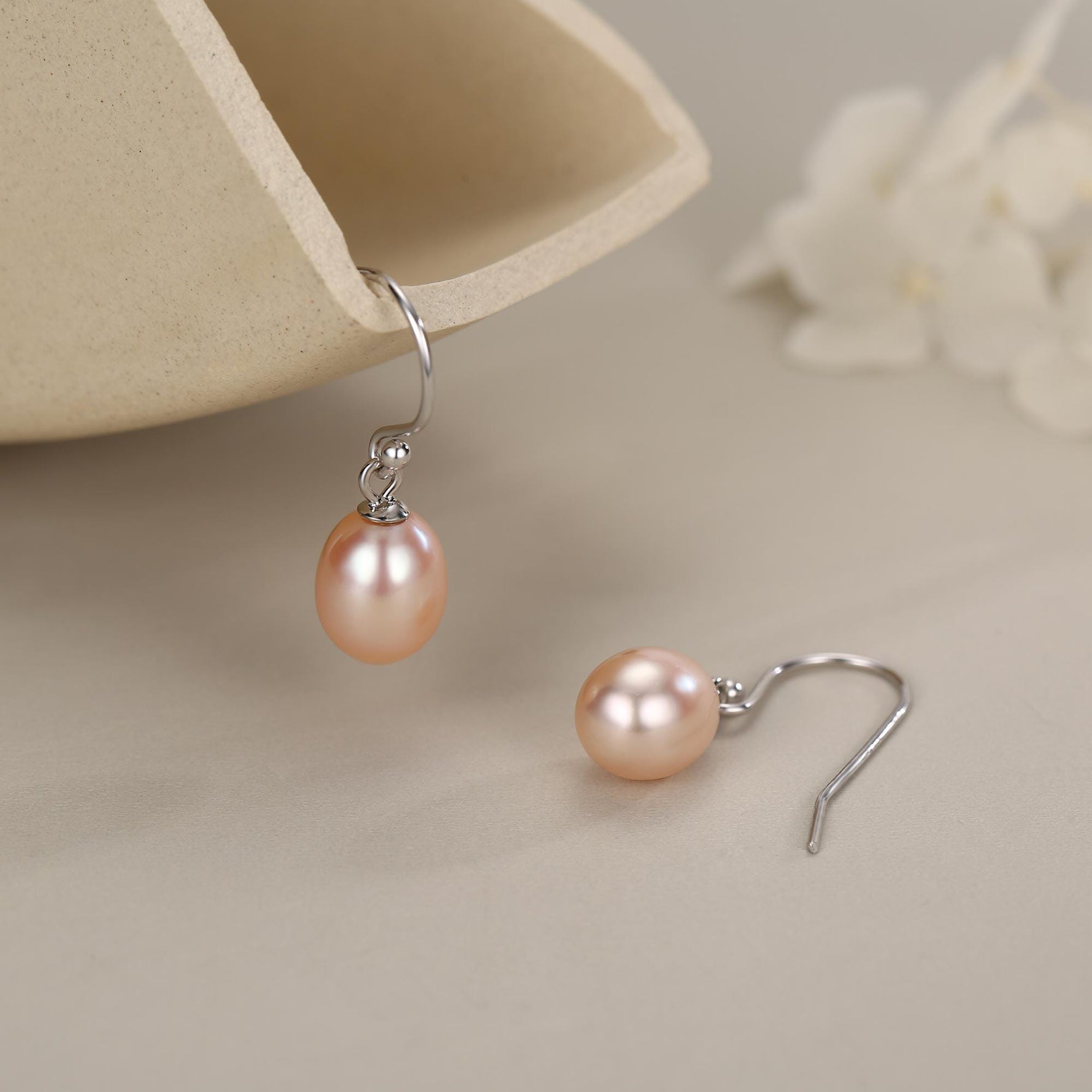 Sterling Silver Pink Pearl Earrings, Natural Freshwater Pearl Drop Hook Earrings in Sterling Silver, Oval Pearl Earrings