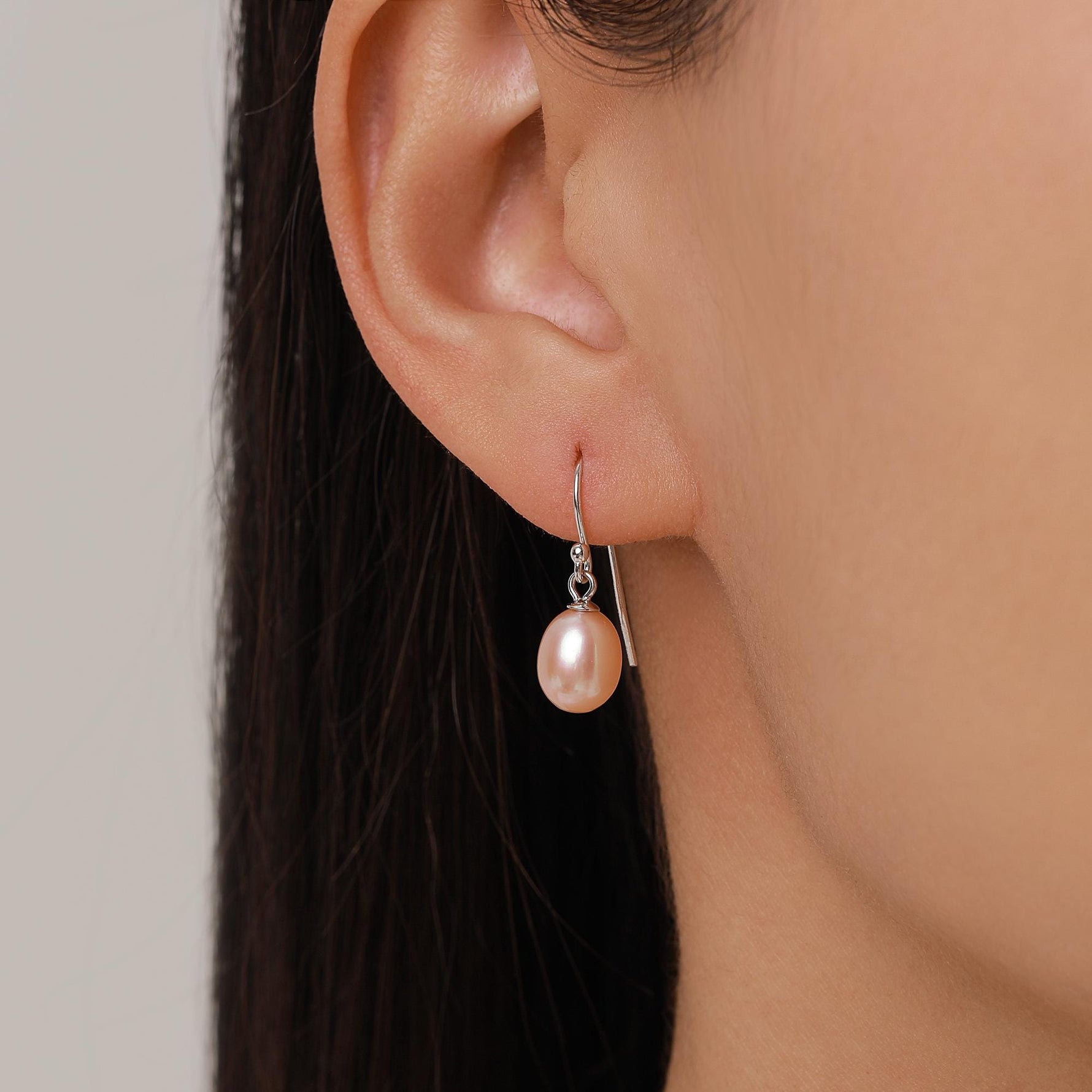 Sterling Silver Pink Pearl Earrings, Natural Freshwater Pearl Drop Hook Earrings in Sterling Silver, Oval Pearl Earrings