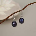 Sterling Silver Black Pearl Earrings, Natural Freshwater Pearl Drop Hook Earrings in Sterling Silver, Oval Pearl Earrings
