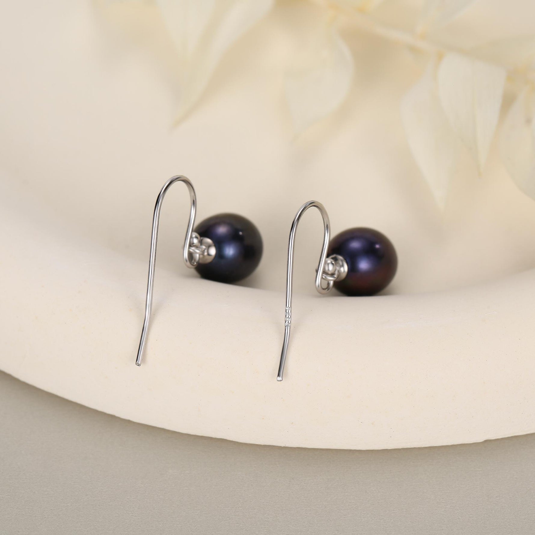 Sterling Silver Black Pearl Earrings, Natural Freshwater Pearl Drop Hook Earrings in Sterling Silver, Oval Pearl Earrings