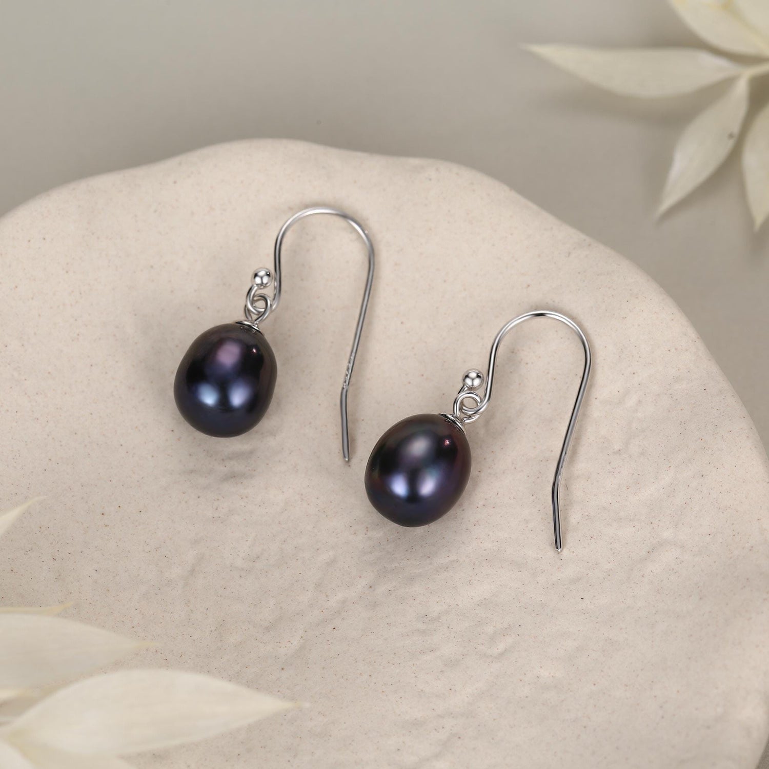 Sterling Silver Black Pearl Earrings, Natural Freshwater Pearl Drop Hook Earrings in Sterling Silver, Oval Pearl Earrings
